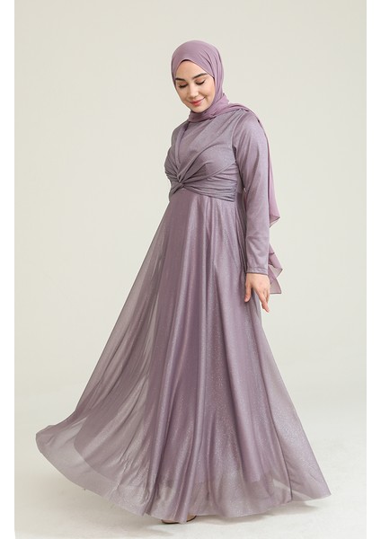 Simli Abiye Elbise 5397-19 Açık Lila