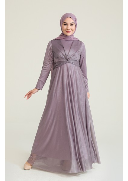 Simli Abiye Elbise 5397-19 Açık Lila