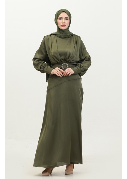 Katmerli Saten Abiye Elbise 6001-04 Haki