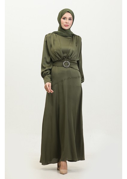 Katmerli Saten Abiye Elbise 6001-04 Haki fiyatları