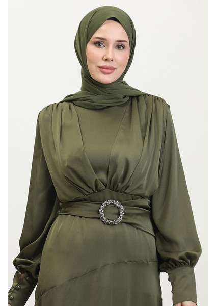 Katmerli Saten Abiye Elbise 6001-04 Haki modelleri