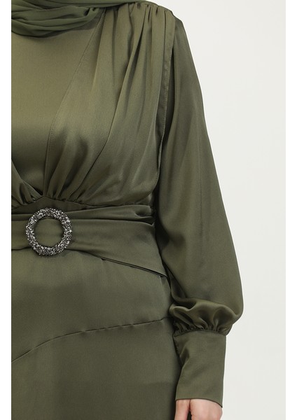 Katmerli Saten Abiye Elbise 6001-04 Haki fırsatları