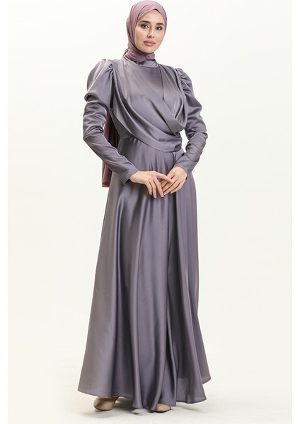 Önü Drapeli Saten Abiye Elbise 6059-06 Lila