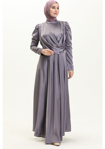 Önü Drapeli Saten Abiye Elbise 6059-06 Lila