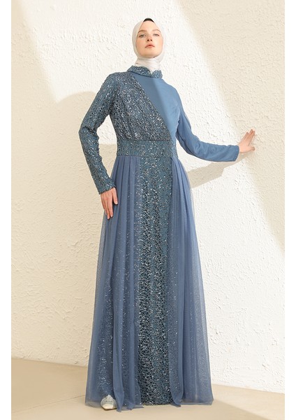 Payetli Tül Abiye Elbise 5345-12 Indigo