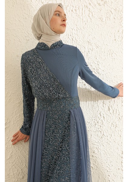 Payetli Tül Abiye Elbise 5345-12 Indigo