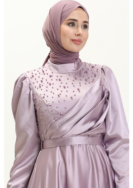 Incili Saten Abiye Elbise 5650-01 Lila