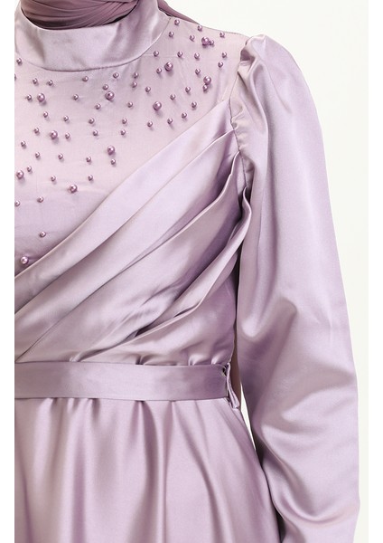 Incili Saten Abiye Elbise 5650-01 Lila