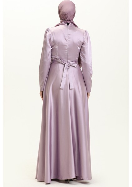Incili Saten Abiye Elbise 5650-01 Lila