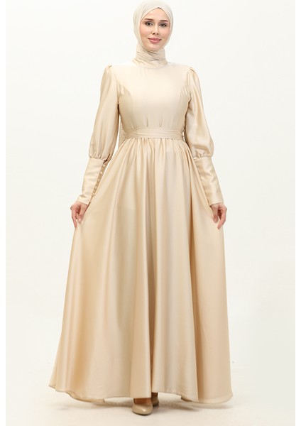 Kuplu Saten Abiye Elbise 6080-10 Açık Bej