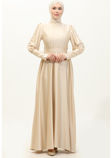 Kuplu Saten Abiye Elbise 6080-10 Açık Bej fiyatları