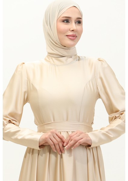 Kuplu Saten Abiye Elbise 6080-10 Açık Bej modelleri
