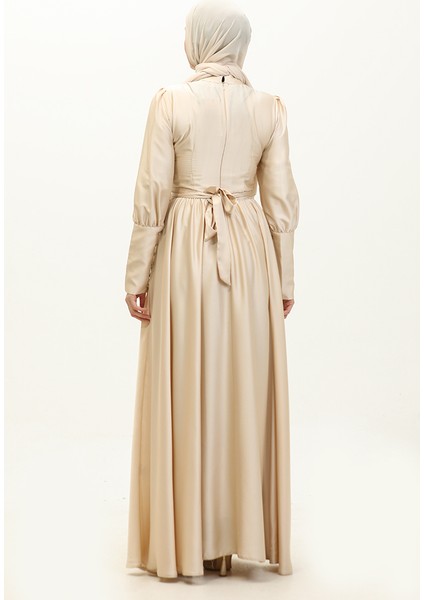 Kuplu Saten Abiye Elbise 6080-10 Açık Bej indirimleri