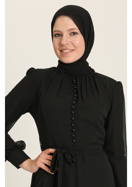 Düğme Detaylı Şifon Abiye Elbise 5695-01 Siyah