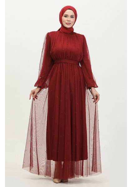 Incili Tül Abiye Elbise 6233-09 Bordo