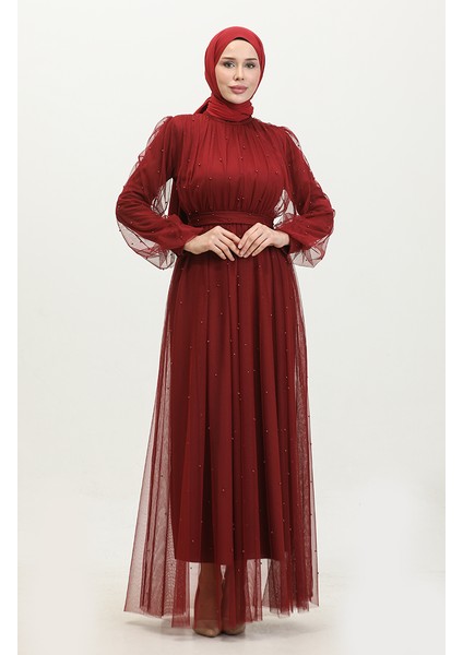 Incili Tül Abiye Elbise 6233-09 Bordo fiyatları