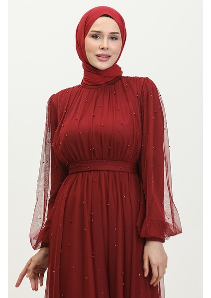 Incili Tül Abiye Elbise 6233-09 Bordo modelleri