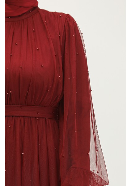 Incili Tül Abiye Elbise 6233-09 Bordo fırsatları