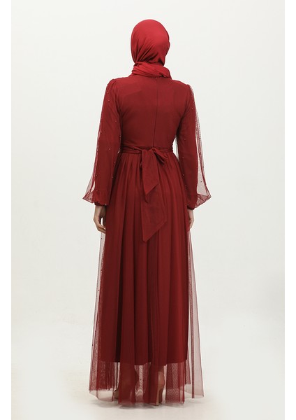 Incili Tül Abiye Elbise 6233-09 Bordo indirimleri