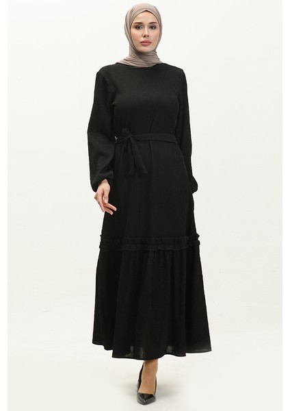 Belgüzar Eteği Büzgülü Elbise NZR003A-03 Siyah