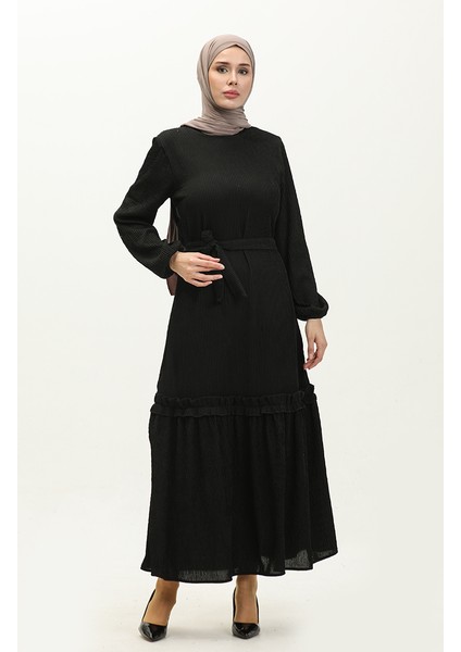Belgüzar Eteği Büzgülü Elbise NZR003A-03 Siyah