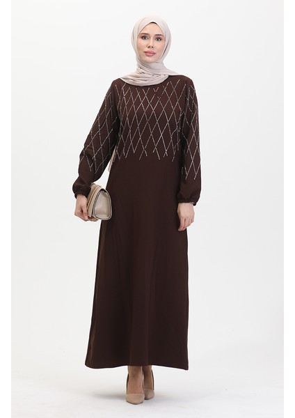 Taşlı Abiye Elbise 0525-02 Kahverengi
