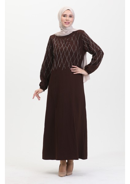 Taşlı Abiye Elbise 0525-02 Kahverengi