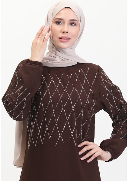 Taşlı Abiye Elbise 0525-02 Kahverengi