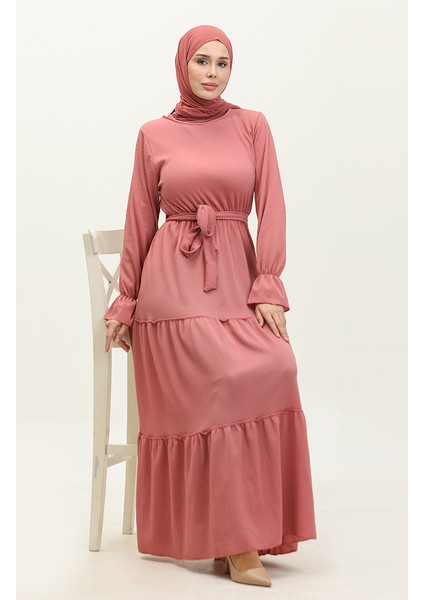 Kolları Volanlı Kuşaklı Elbise 0304-03 Gül Kurusu