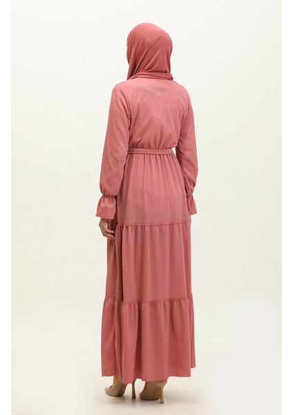 Kolları Volanlı Kuşaklı Elbise 0304-03 Gül Kurusu indirimleri