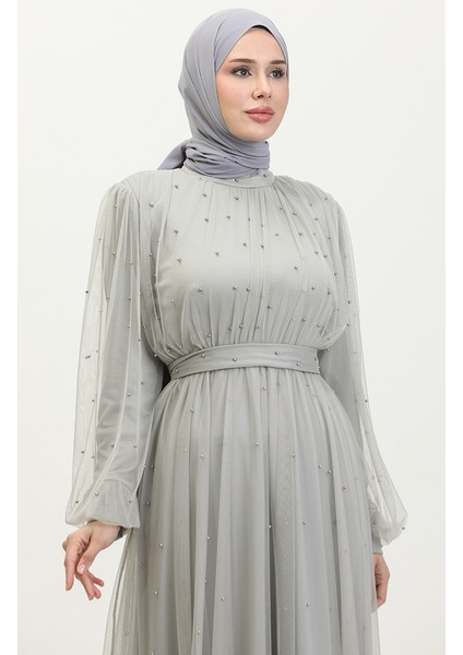 Incili Tül Abiye Elbise 6233-01 Açık Gri modelleri