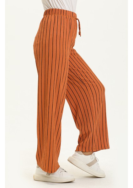 Çizgili Bol Paça Pantolon 8588-01 Hardal