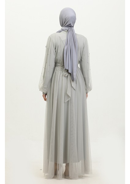 Incili Tül Abiye Elbise 6233-01 Açık Gri indirimleri