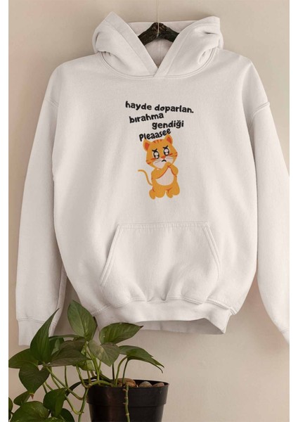 Bırakma Kendini-Kedi Baskılı Unisex 3 Iplik %100 Pamuklu Cepli Kapüşonlu Sweatshirt Hoodie