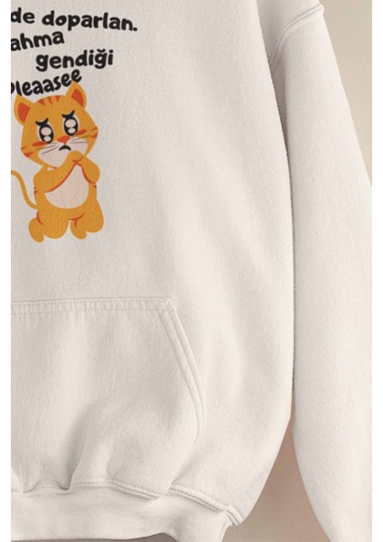 Bırakma Kendini-Kedi Baskılı Unisex 3 Iplik %100 Pamuklu Cepli Kapüşonlu Sweatshirt Hoodie