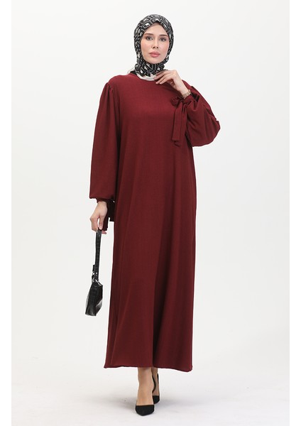 Kolu Büzgülü Elbise 1053-05 Bordo