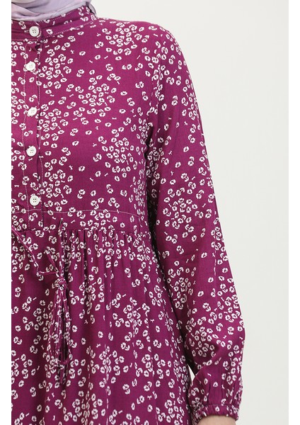 Gülsüm Yarım Düğmeli Çiçekli Viskon Elbise 0358-02 Mürdüm fırsatları