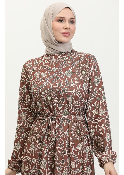 Desenli Kuşaklı Elbise 0364-02 Kahverengi