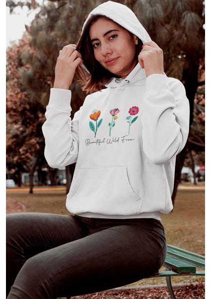 Beatiful Wild Free Çiçekler Baskılı Unisex 3 Iplik %100 Pamuk Kapüşonlu Sweatshirt Hoodie
