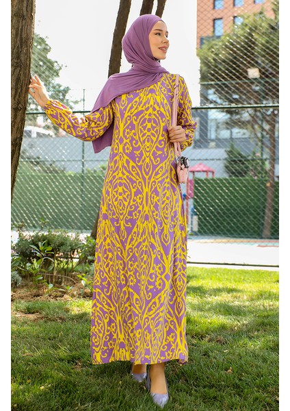 Desenli Kuşaklı Viskon Elbise 0439-02 Sarı