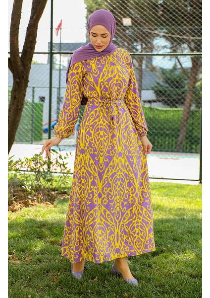 Desenli Kuşaklı Viskon Elbise 0439-02 Sarı
