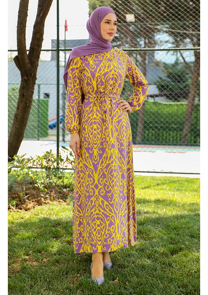 Desenli Kuşaklı Viskon Elbise 0439-02 Sarı