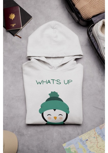Neşeli Penguen Baskılı Unisex Siyah 3 Iplik Şardonlu %100 Pamuk Kapüşonlu Sweatshirt Hoodie