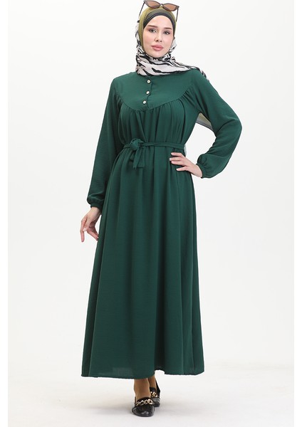 Düğmeli Kuşaklı Elbise 0462-02 Zümrüt Yeşili modelleri