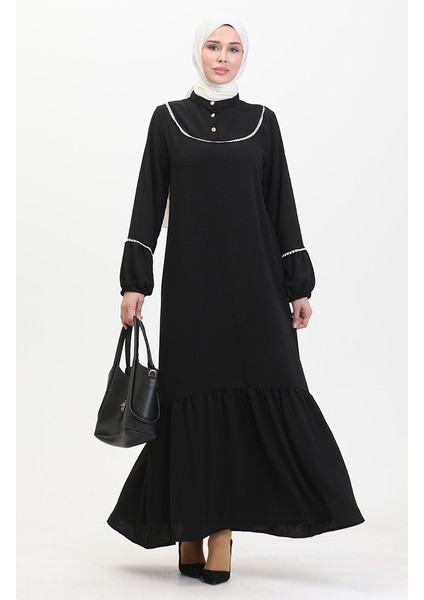 Kolu Lastikli Nakışlı Elbise 0470-01 Siyah