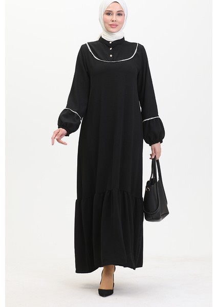 Kolu Lastikli Nakışlı Elbise 0470-01 Siyah fiyatları