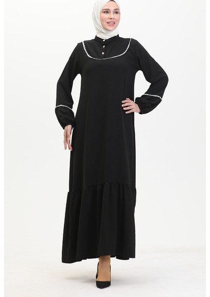 Kolu Lastikli Nakışlı Elbise 0470-01 Siyah modelleri