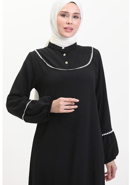 Kolu Lastikli Nakışlı Elbise 0470-01 Siyah fırsatları