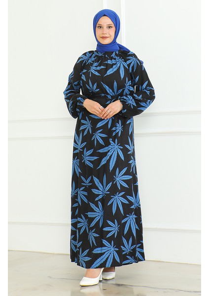 Desenli Kuşaklı Elbise 0477-02 Siyah Saks