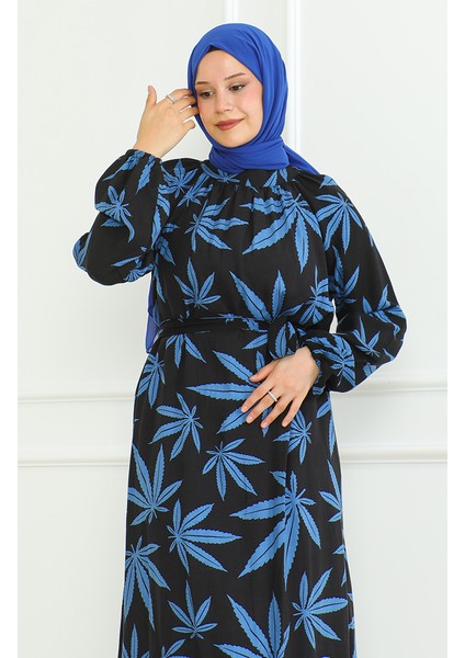 Desenli Kuşaklı Elbise 0477-02 Siyah Saks fiyatları